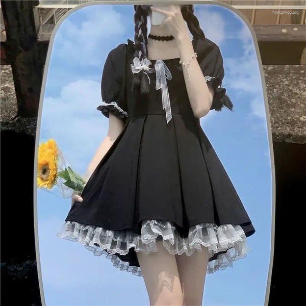 Vestidos casuais gótico lolita vestido mulheres goth harajuku bonito laço preto manga curta escola jk 2024 meninas de verão