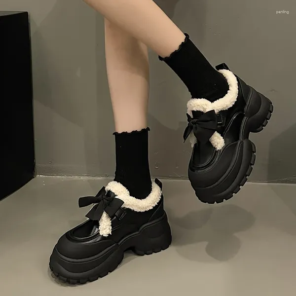 Модельные туфли, зимние женские модели 2024, простой стиль из чистого хлопка, теплая и универсальная, нескользящая толстая подошва, украшенный бантом