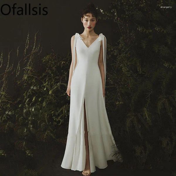 Vestidos casuais ofallsis francês v pescoço viagem po vestido branco 2024 verão elegante estilo suave magro luz casamento espaguete cinta