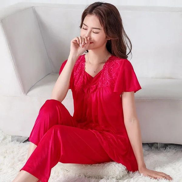 Mulheres sleepwear verão terno mulheres nightshirt cetim seda de manga curta calças de meia idade renda oversized feminino moda pijama quarto