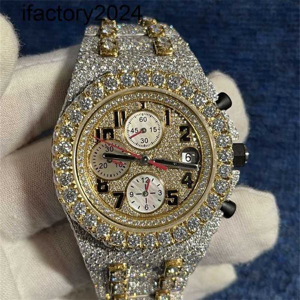 Ap Watch Diamond Moissanite Iced Out pode passar no teste de pedras 2023 Versão Gold Silver Pass Test Mens Vvs Diamonds t Op Quality Eta Movement Full Out Cronógrafo de 2 tons