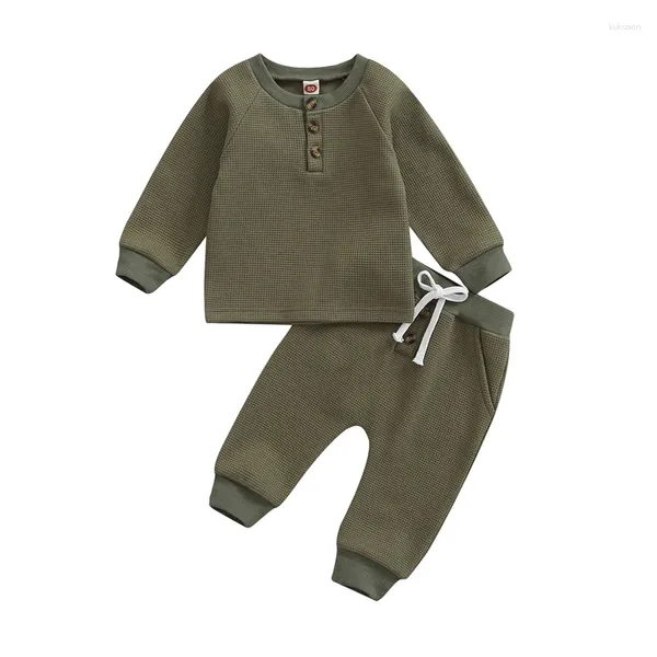 Conjuntos de roupas Criança engrossar waffle roupas conjunto bebê menino meninas botões em torno do pescoço manga longa tops com cordão cintura elástica calças