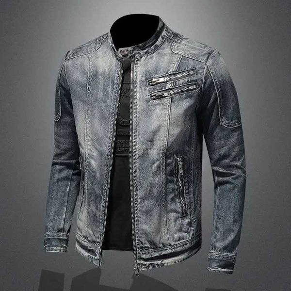 Jaquetas masculinas 2023 nova jaqueta jeans masculina na moda retro moda casual gola alta jaqueta com zíper bonito equitação motociclista roupas denim tops J240125