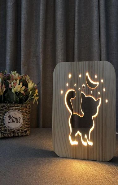 Luci notturne per gatti in legno adorabili Lampada da tavolo creativa in legno scavato Lampada da notte USB per bambini Regalo di Natale9777786