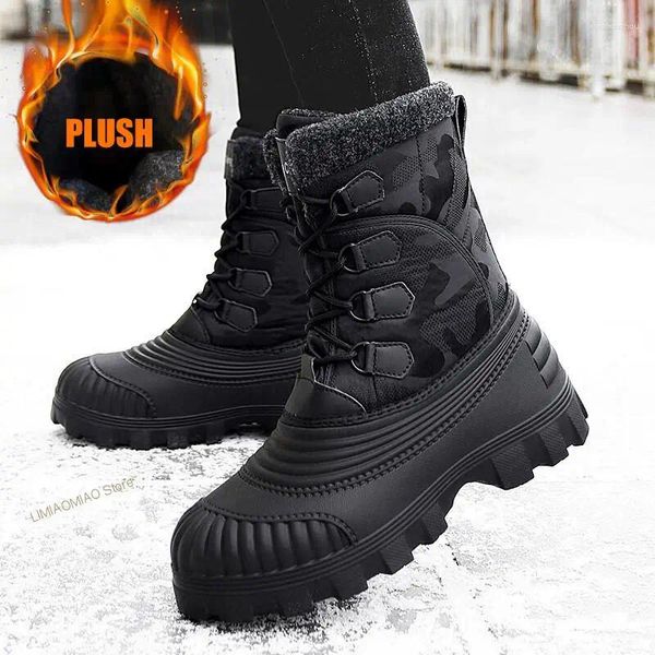 Sapatos de vestido homens botas de inverno de lã de pelúcia durável antiderrapante rendas grossa sola masculina ao ar livre quente luxo tornozelo