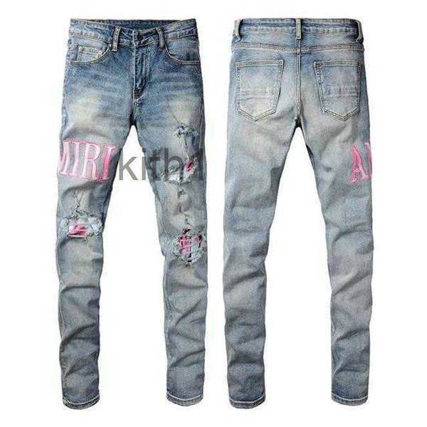 Kot pantolon pantolon pantolon yığılmış erkekler bol gözyaşları Avrupa jean hombre pantolon pantolon bisikletçisi nakış yırtık trend Airi 88b3