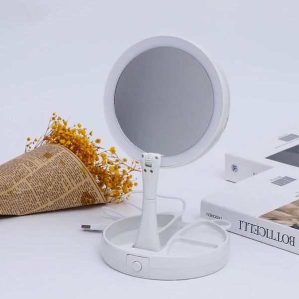 Espelhos branco usb led espelho com luz 10x espelhos de mesa de ampliação dobrável maquiagem vaidade espelho cosmético ferramentas de maquiagem sem bateria