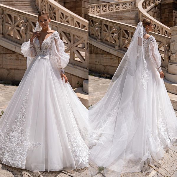 Simples rendas apliques vestidos de casamento com decote em v vestidos de noiva princesa uma linha vestidos de noiva feitos sob encomenda mais tamanho