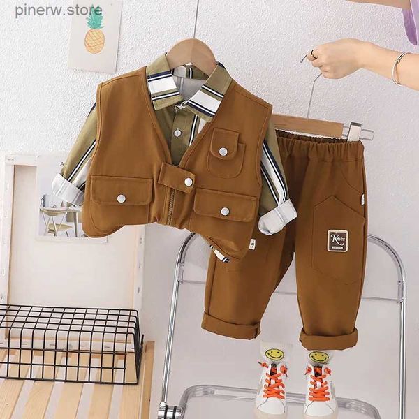 Conjuntos de roupas 3pcs conjunto coreano 2023 outono crianças boutique roupas para bebê menino 1 a 2 anos colete de cor sólida + camiseta listrada + calças meninos terno