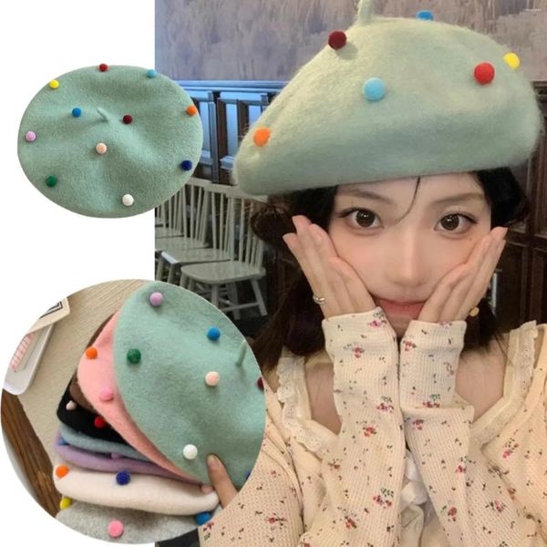 Berets Koreanische Herbst Winter Warme Wolle Maler Hut Weibliche Nette Farbe Ball Punkt Knospe Japanische Frauen Baskenmütze