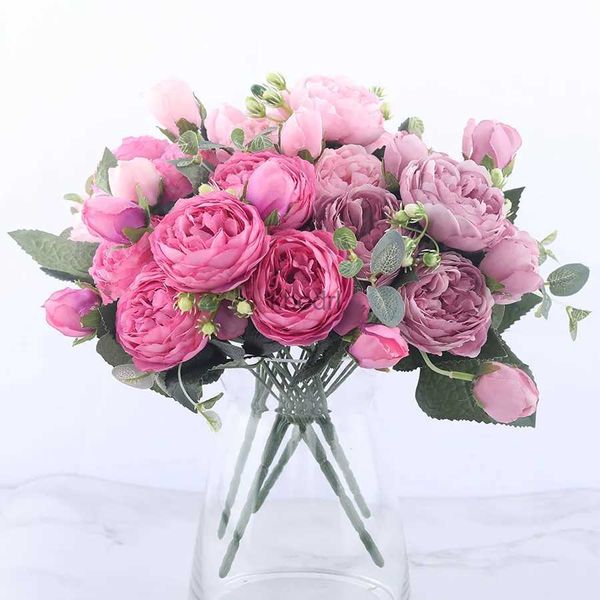 Verde floreale finto 30 cm Bouquet di fiori artificiali di peonia di seta rosa rosa 5 teste grandi e 4 boccioli Fiori finti economici per la decorazione domestica di nozze indoor YQ240125