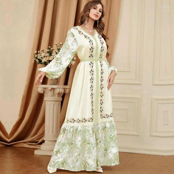 Roupas étnicas Elegantes Mulheres Floral Imprimir Vestido Marroquino Férias Robe Vestidos de Festa Islâmica Dubai Abaya Turquia Maxi Femme Árabe Caftan