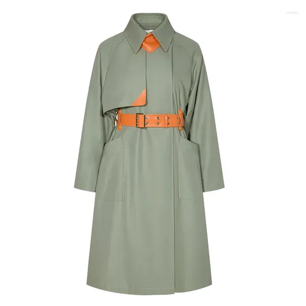 Mulheres Trench Coats Mulheres Roupas de Inverno À Prova de Vento Remendo De Couro Quente Gola Alta Fivela Com Cinto Bolsos Soltos Plus Size Casaco