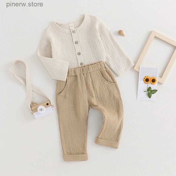 Set di abbigliamento in cotone e lino Casual a maniche lunghe per bambina e ragazzo Set di vestiti autunnali con bottoni Pantaloni in tinta unita 2 pezzi Completi per neonati per bambini