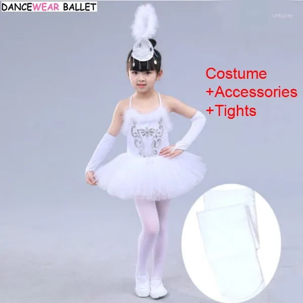 Abbigliamento da palcoscenico Vestito da balletto per ragazze Bambino Costume da ballo bianco del Lago dei cigni Tutu per bambini Body da ginnastica Collant da ballo