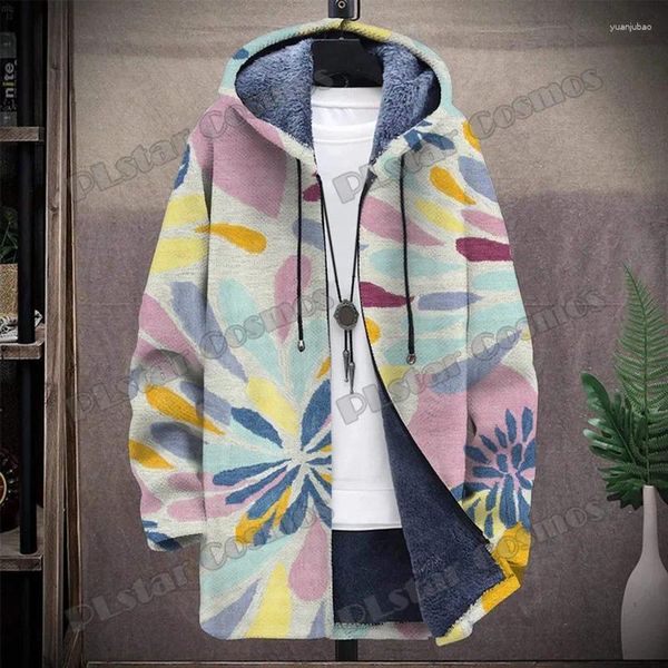 Casacos Masculinos Moda 3D Impresso Série Graffiti Longo Casaco Com Capuz Inverno Casual Grosso Isolamento Lã Forro Zíper