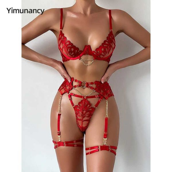 Seksi set yimunancy gotik çiçek nakış zinciri iç çamaşırı seti kadınlar vintage erotik sütyen + külot iç çamaşırı set seksi jartiyer kiti