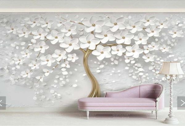 Wallpapers 3d em relevo flor branca papel de parede murais impressão po mural para sala de casamento decoração de parede moderna papel floral rolls2333577