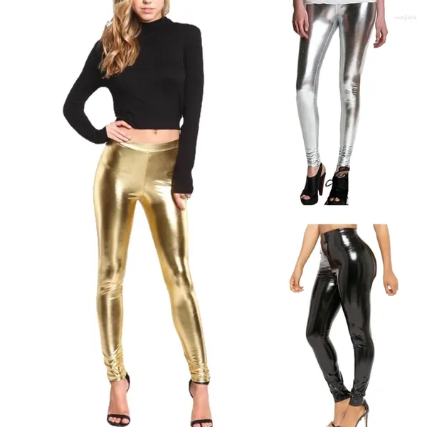 Женские брюки, модные блестящие леггинсы из искусственной кожи, металлические колготки без ног с высокой талией, узкие брюки с мокрым эффектом для женщин