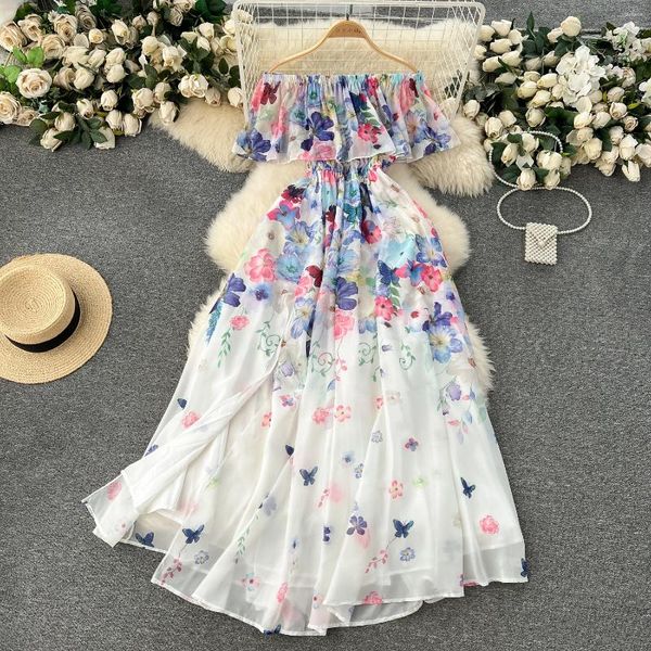 Casual Kleider Französisch Vintage Patchwork Slash Neck Floral Print Einreiher Kleid Frauen Mode Herbst Frühling Vestidos