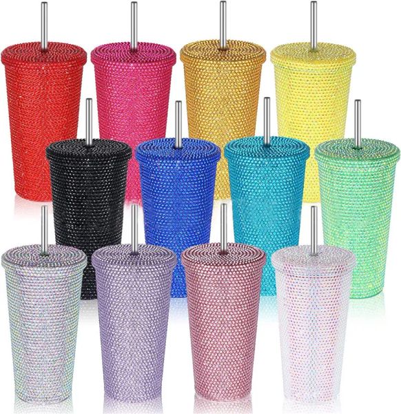 17oz copos de diamante com tampa 500ml garrafas de água de aço inoxidável colorido shinny beber copos parede dupla isolado tumbler 0125