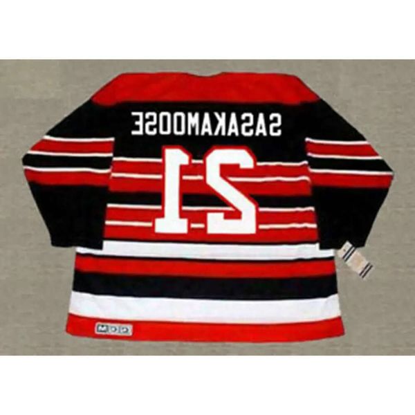 Herren Anpassen 1950 Fred Sasakamoose 21 Hockey-Trikots Vintage Schwarz Rot genähte CCM-Hemden M-X 36