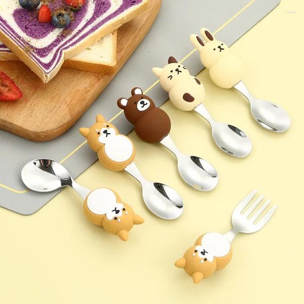 Set di stoviglie 2 pezzi Set cucchiaio e forchetta carino Bambini Bambini Posate in acciaio inossidabile 304 con scatola Stoviglie Pranzo Bento Accessori