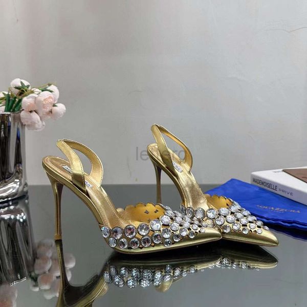 2024 yeni sandalet moda kadınlar haute-couture rhinestone dekorasyon yüksek topuk parti ayakkabıları lüks tasarımcı marka ayakkabı örgü içi boş ayak parmağı sarma deri slingbacks letterg