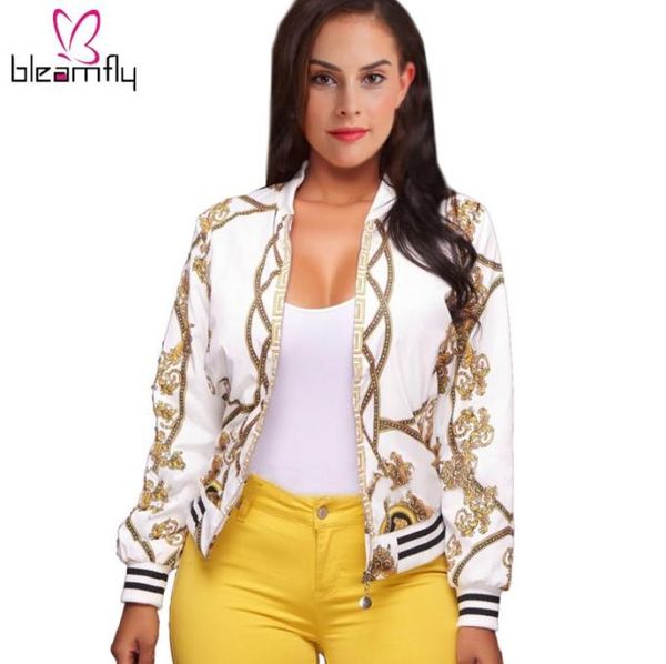 Fashionhole senhoras jaquetas bombardeiro retro casaco de beisebol para as mulheres branco preto impressão feminina básico outwear corrente ouro impressão c3704858
