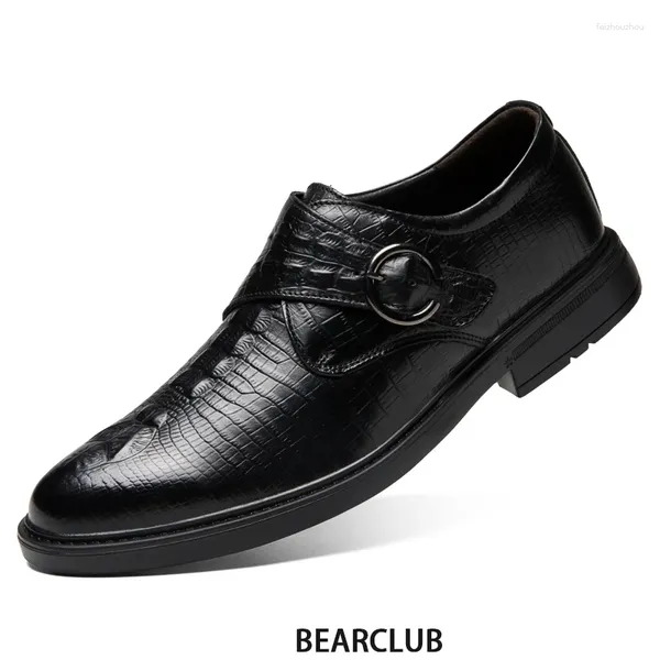 Sapatos de vestido Bearclub homens genuínos couro de vaca com ajuste de fivela padrão de crocdilo masculino brogues material natural respirável