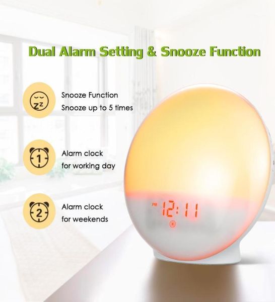 Wecker Aufwachen Licht Led Snooze Natur Nacht Lampe Digitaluhr Sonnenaufgang Buntes Licht Mit Naturgeräuschen FM Radios13838555