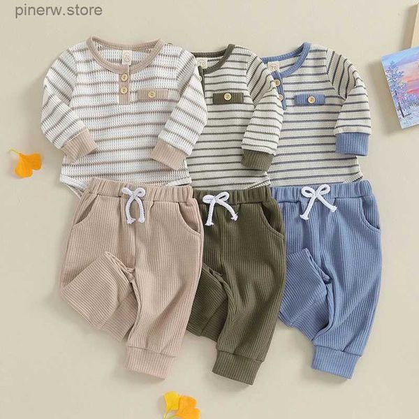 Set di abbigliamento 0-18M Neonato Ragazzo Ragazza Autunno Inverno Abbigliamento Waffle Pagliaccetto a righe in maglia Pantaloni lunghi Set Completo per la casa