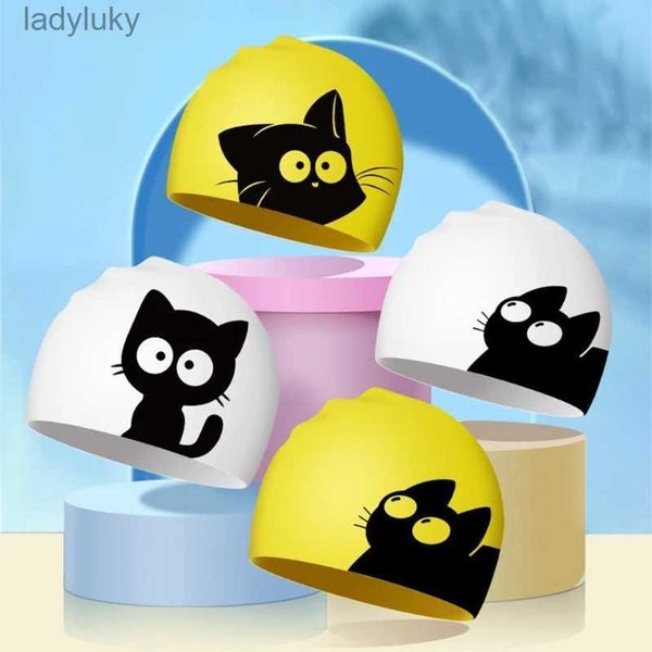 Bonnets de natation Bonnet de bain chat mignon pour oreilles de cheveux longs protéger les enfants enfants imperméable élastique Silicone bonnet de piscine bonnets de bain chapeau de plongée L240125