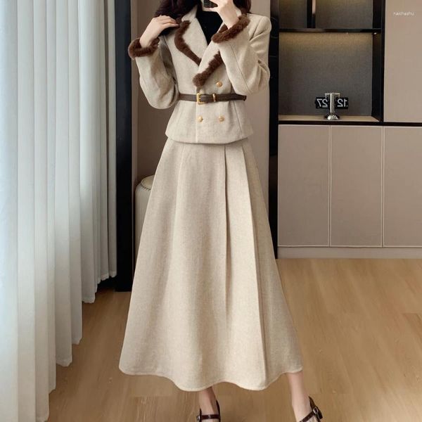 Платье из двух предметов, осеннее модное двубортное шерстяное короткое пальто с небольшим ароматом, юбка средней длины с высокой талией, женский костюм, корейский комплект