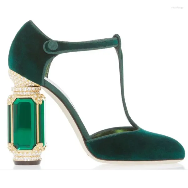 Sapatos de vestido luxo verde roxo veludo grande pedra preciosa saltos grossos bombas senhoras t-strap cristal tornozelo fivela lolita casamento