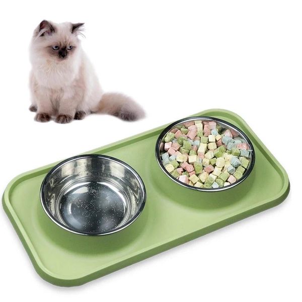 Alimentadores tigela dupla para gatos, tigela antiderrapante de aço inoxidável para alimentos para animais de estimação, tigela alimentadora de água para cães, gatos, filhotes, gatinhos, prato de comida, acessórios para gatos