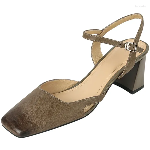 Sandalet 2024 Kadın Doğal Deri 22-25cm Cowhide Sheepskin Pigskin Tam Vintage Kalın Topuk Yaz Ayakkabıları