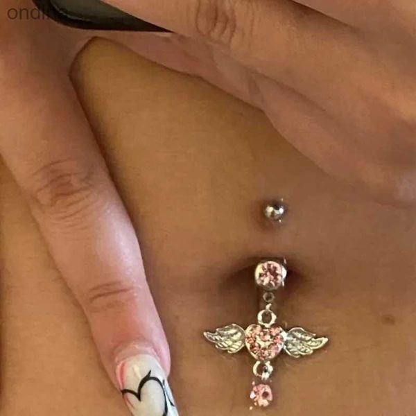 Anéis de botão de sino de umbigo novo ângulo asas rosa zircão moda de alta qualidade aço cirúrgico piercing de umbigo anéis de umbigo piercing de barriga joias corporais YQ240125