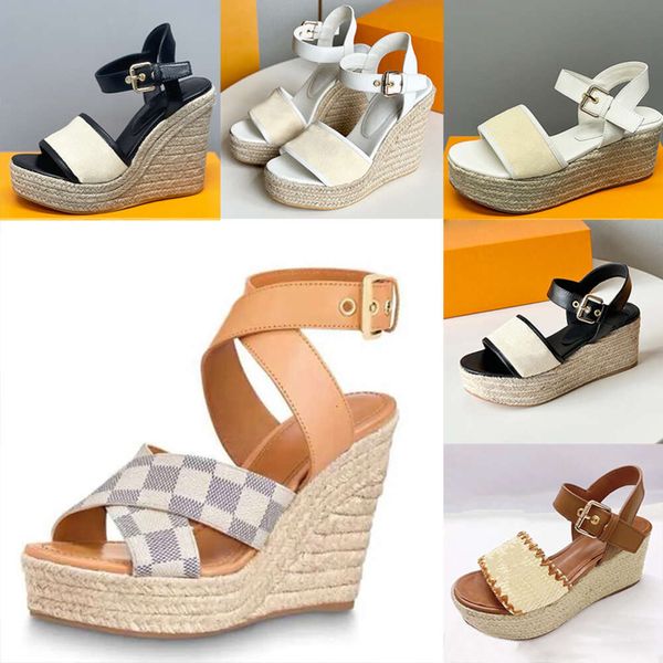Yeni Espadrilles Sandalet Tasarımcı Kadınlar Kama Sandal Saman Platformu Ayakkabı Sanaydal Sandalet Açık Ayak Ayakkabı Açık Mekan Bayan Ayakkabı Kutusu 378