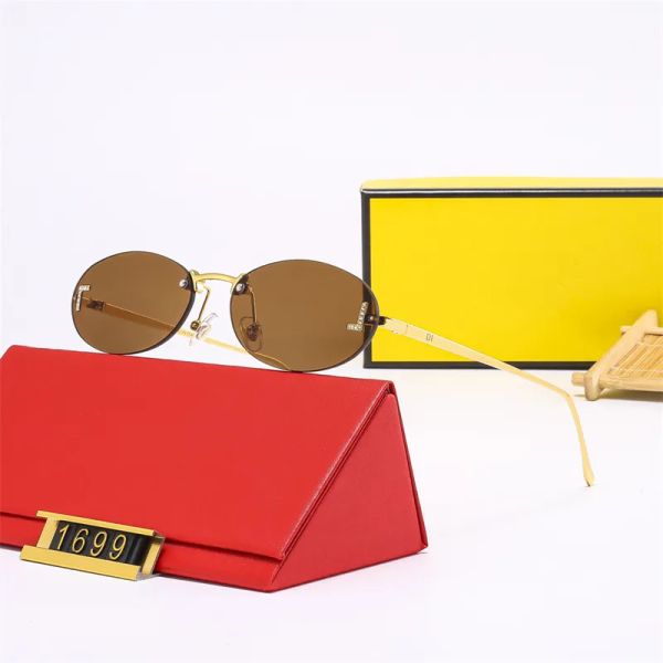 Óculos de sol da moda para homens Vicados de sol Luxury Gold Gold Frame Oval sem moldura óculos de praia Diamantes de designer de alta qualidade F Glass de sol com caixa -3