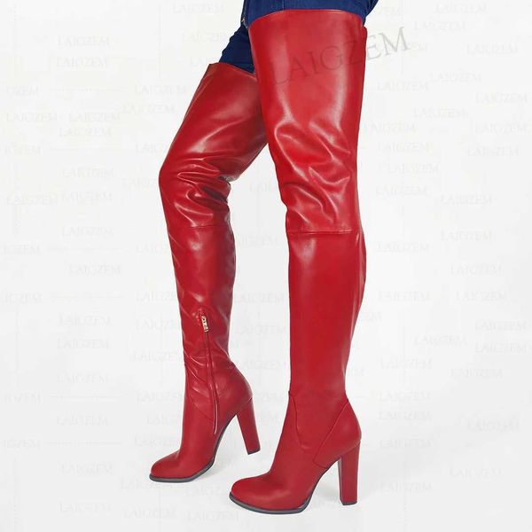 Kleid Schuhe Frauen Oberschenkel Hohe Stiefel Kunstleder Dicke Absätze Overknee Stiefel Runde Kappe Handgefertigte Damenschuhe Frau Große Größe 41 44 47L231228