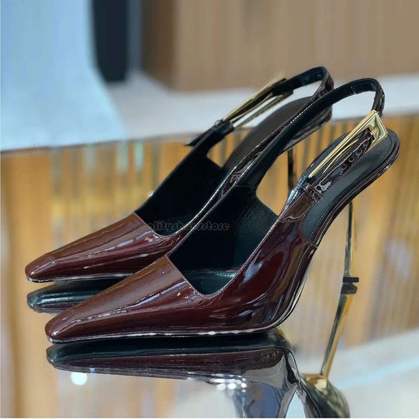 Espelho Face Couro Genuíno Slingback Bombas Mulheres Dedos Apontados Geometria Sapatos de Salto Stiletto 10cm Fivela Embelezada Salto de Renda Sapatos de Designer de Moda