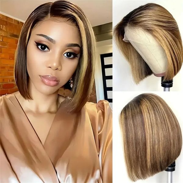 Perruque Bob Lace Front Wig naturelle brésilienne lisse, cheveux blonds miel P4/27, perruque Bob Lace Front Wig 230125