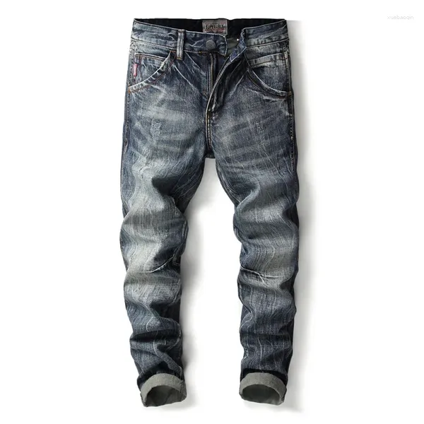 Мужские джинсы, внешняя торговля, модные ретро японские потертые и изношенные молодежные облегающие прямые длинные брюки