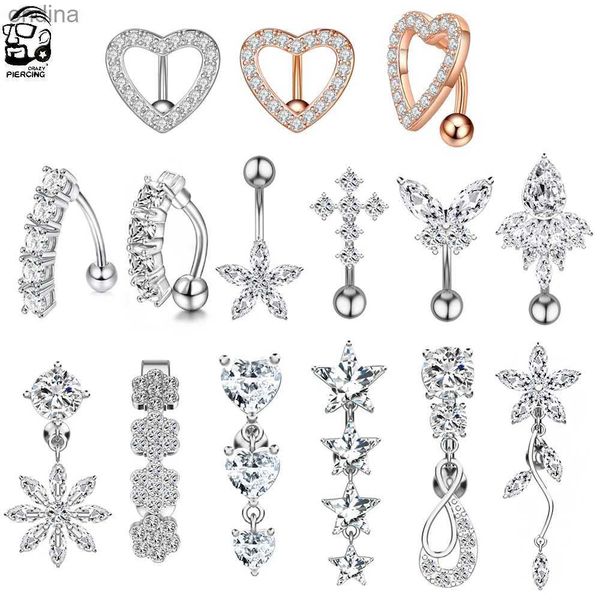 Anéis de botão de sino de umbigo Barra invertida CZ 14G Anéis de umbigo Dangle Flor Estrela Anel de umbigo Aço cirúrgico Piercing de barriga Joias Oreja Anel de barriga corporal YQ240125