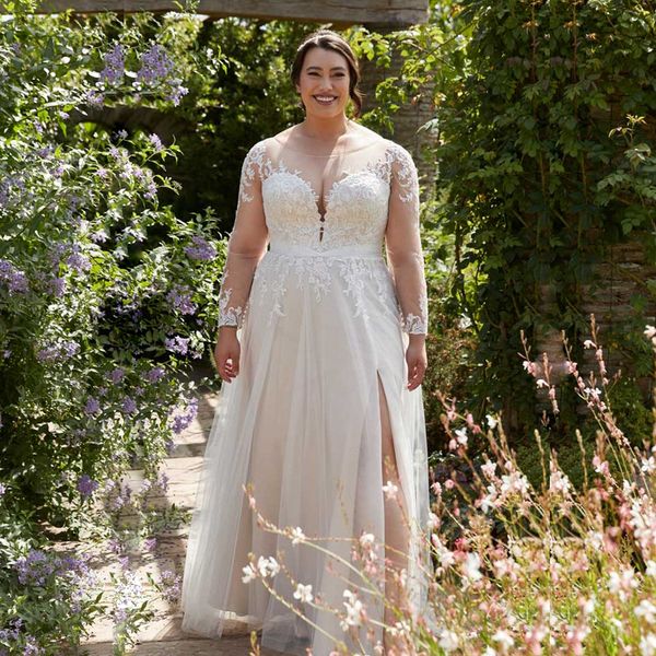 Vestidos de casamento grandes com fenda alta, decote redondo, manga comprida, vestido de noiva com botão nas costas e apliques de renda, casamento para noiva