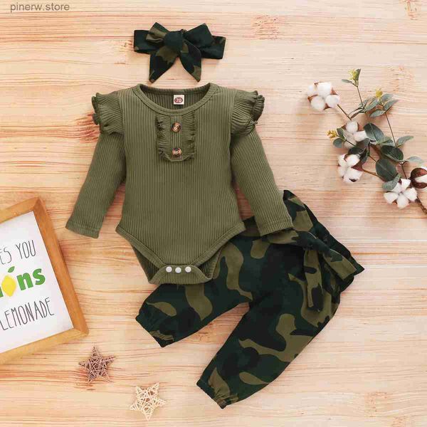 Conjuntos de roupas camufladas para bebês, 3 peças, roupas de malha para bebês, manga comprida, roupas de outono com faixa para cabeça
