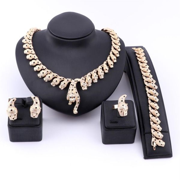 Nigerianischen Dubai African Gold Silber Überzogene Kristall Leopard Halskette Ohrringe Ring Armband Braut Schmuck Sets Für Frauen Hochzeit Pa2286