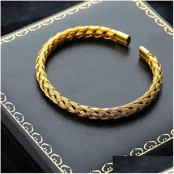 Manschetten-Strickarmband für Männer und Frauen, 14 Karat Gelbgold, Öffnungsmanschette, verstellbarer Armreif, Charm-Schmuck, handgefertigt, Vintage-Tropfenlieferung, Jewe Dhiy3