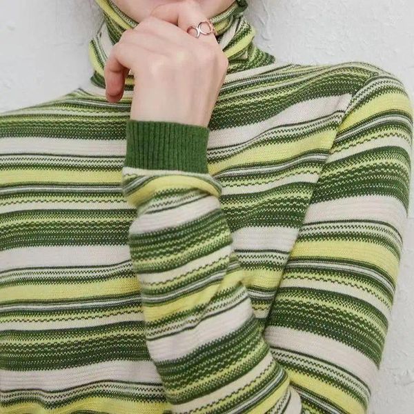 Frauen Pullover Gestreiften Frau Winter 2024 Langarm Boho Design Rollkragen Bunte Streifen Gestrickte Pullover Tops